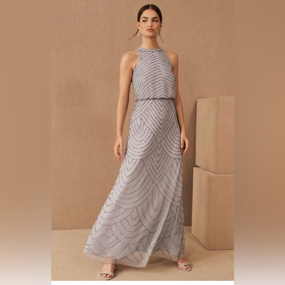 Adriana Papell Women’s Halter Art Deco beaded blousen dress, bridal silver/fog